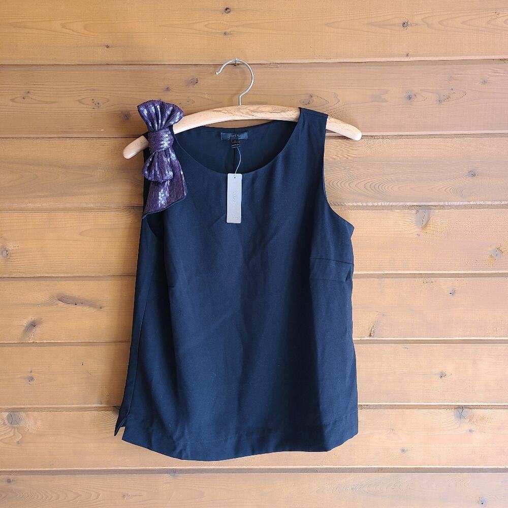 J. Crew Sequin Bow Drapey Tank Top NWT 6 Black Blouse Boho Preppy Summer Shirt - Picture 2 of 5